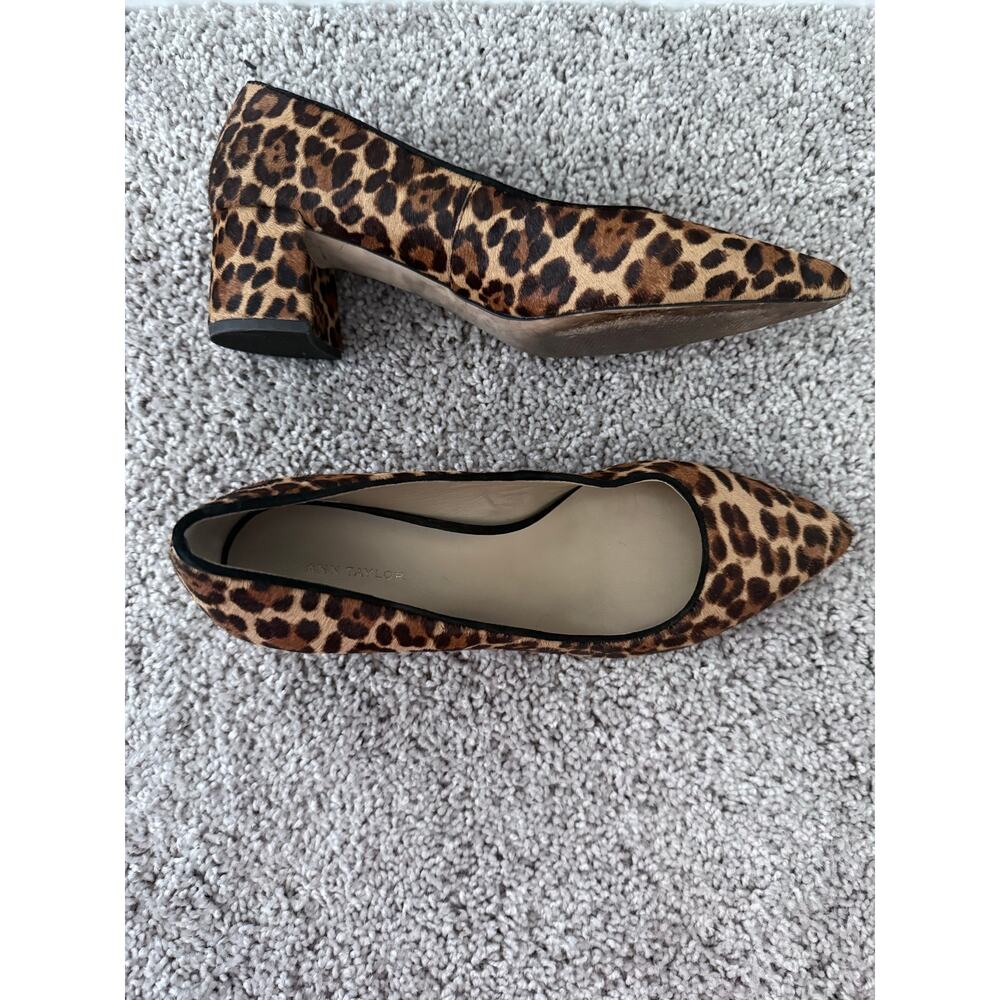 ANN TAYLOR brown black cheetah print calf hair pointed block heel pumps shoes - Picture 8 of 9